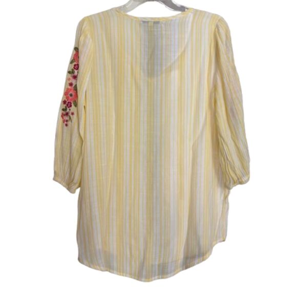 Sweet Violet Yellow Strip Floral Embroidered Sleeve Rayon Blouse Woman's M #BD - Picture 2 of 6